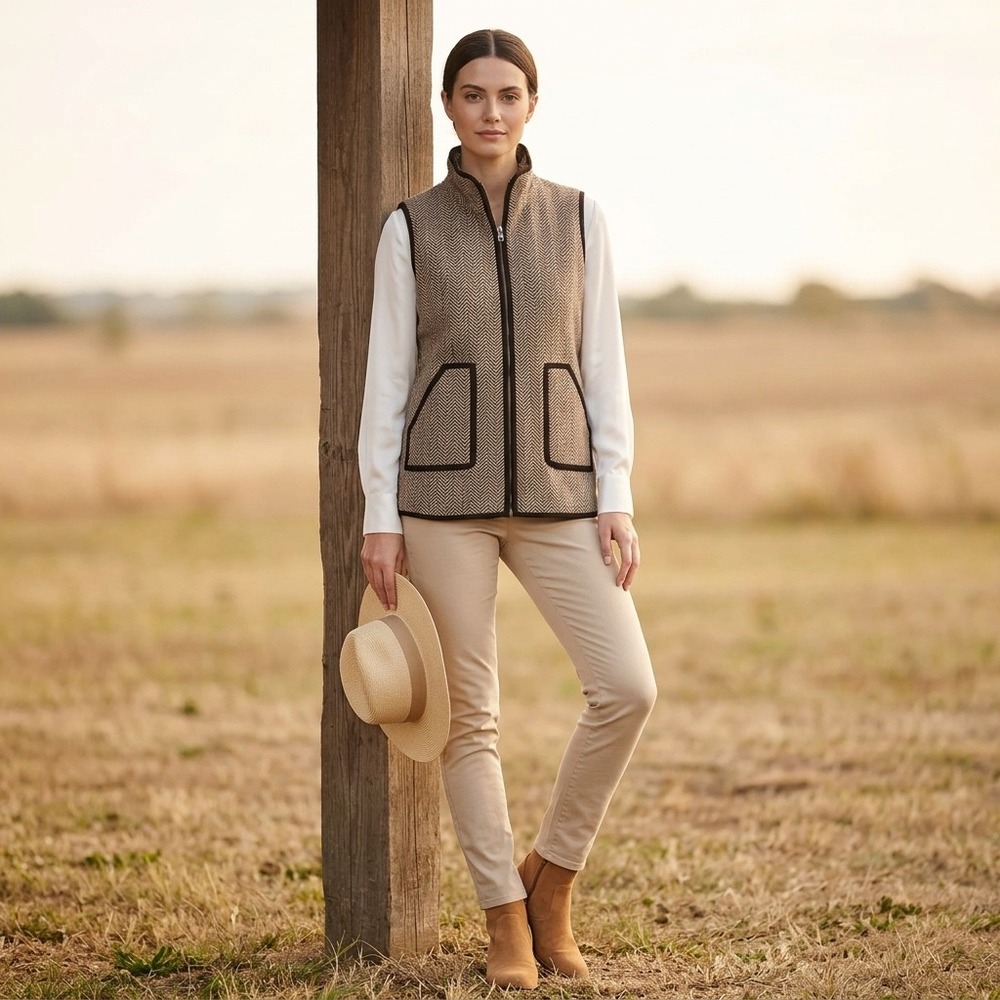 Zeagoo Herringbone Quilted Vest Brown Cream Equestrian Full Zip Pockets Small